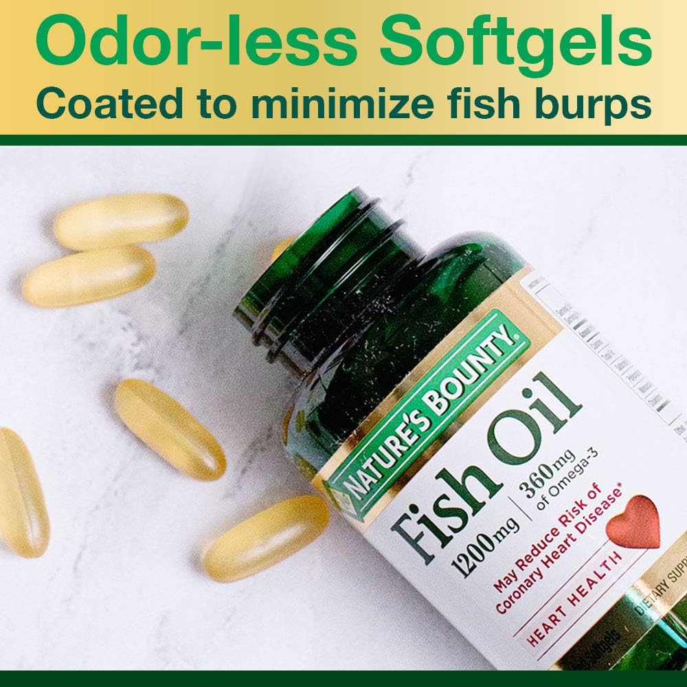 Nature's Bounty Fish Oil, Supports Heart Health, 1200 Mg, 360mg Omega-3, 200 Odorless Coated Softgels : Health & Household