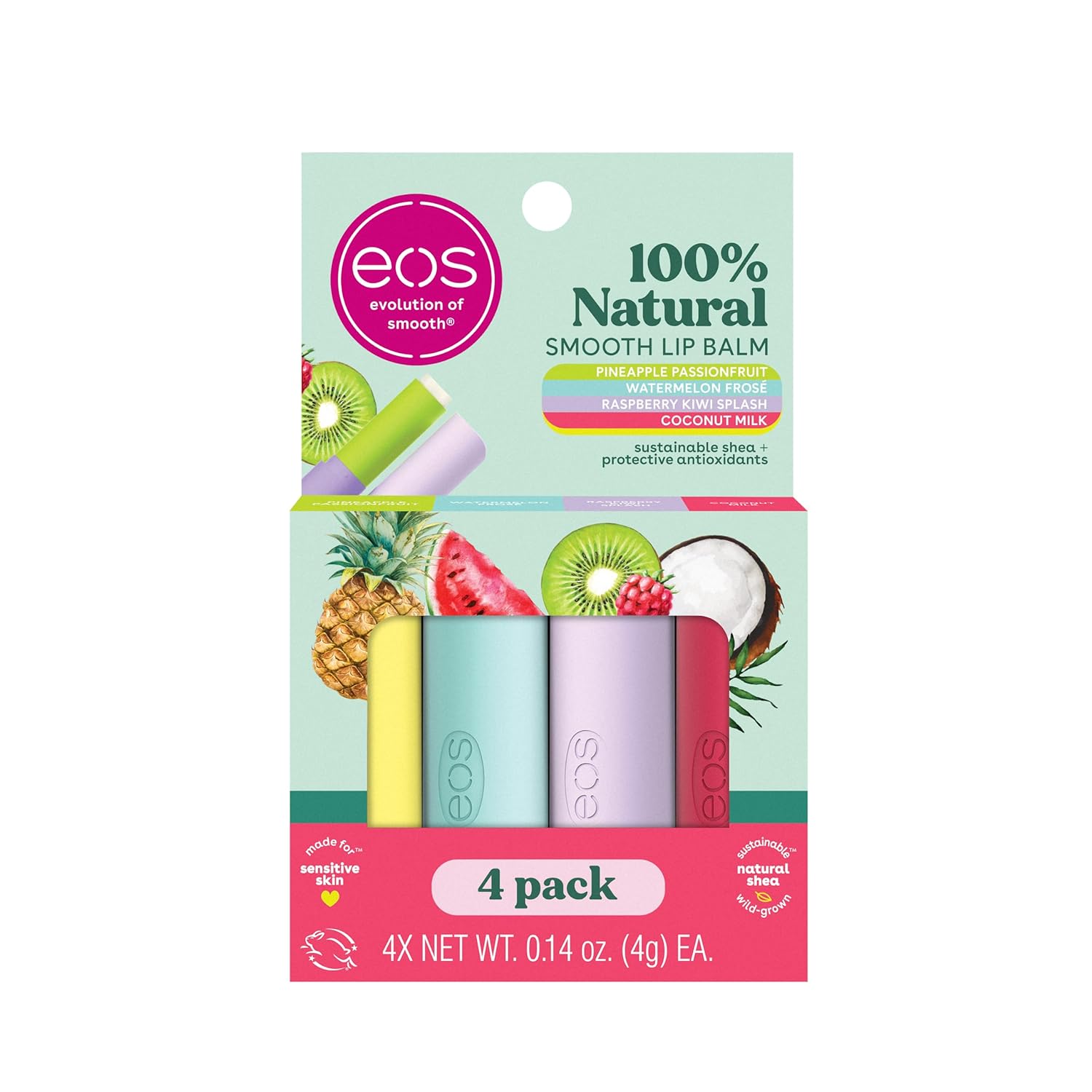 eos 100% Natural Lip Balms- Coconut Milk, Pineapple Passionfruit, Watermelon Frosé & Raspberry Kiwi Splash, All-Day Moisture Lip Care, 0.14 oz, 4-Pack