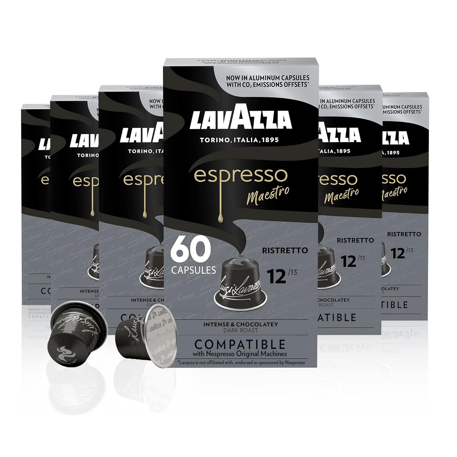 Lavazza Espresso Ristretto Dark Roast Arabica & Robusta Aluminum Capsules Compatible With Nespresso Original Machines (Pack Of 60) ,Value Pack, Intense And Full Bodied, Dark Crema, Intensity 12 Of 13