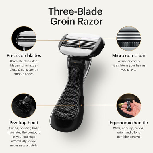 Manscaped® The Crop Shaver® Men'S 3-Blade Stainless Steel Groin Hair Razor With Pivoting Head, Micro Comb Bar, Wide Lubrication Strips - With 4 Replacement Cartridges