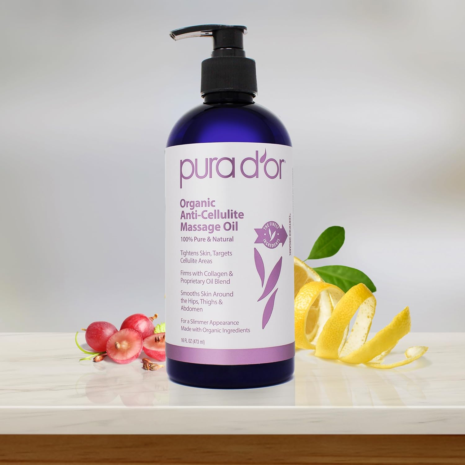 PURA D’OR 16 Oz Organic Anti-Cellulite Massage Oil for Toned Legs and Butt - Lemon Peel Oil, Moringa Oil, Grape Seed Oil, Grapefruit Oil & Eucalyptus Oil - Skin Firming & Tightening : Health & Household