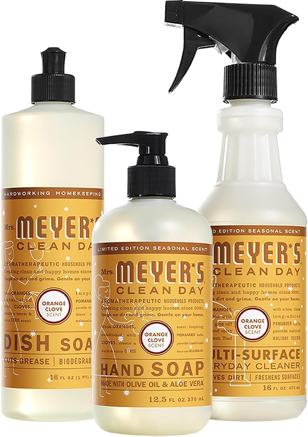 Mrs. Meyer's Kitchen Set Dish Soap | Hand Soap | Multi-Surface Cleaner, 3 CT (Orange Clove)