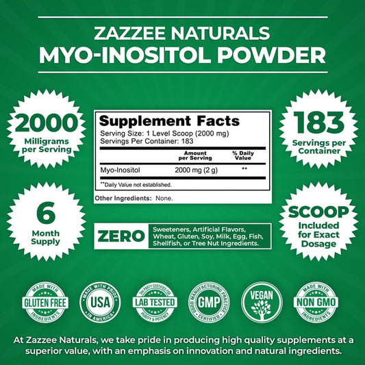 Zazzee Myo-Inositol Powder, 6 Month Supply, 183 Servings, 2000 Mg Per Serving, Free Scoop For Exact Dosage, 12.91 Ounces, 100% Pure, All-Natural Fertility And Reproductive Support, Vegan, Non-Gmo