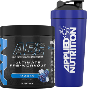 Applied Nutrition Bundle Abe Pre Workout 375G + 750Ml Steel Protein Shaker | All Black Everything Pre Workout Powder, Energy & Physical Performance, Creatine, Beta Alanine (Icy Blue Raz)