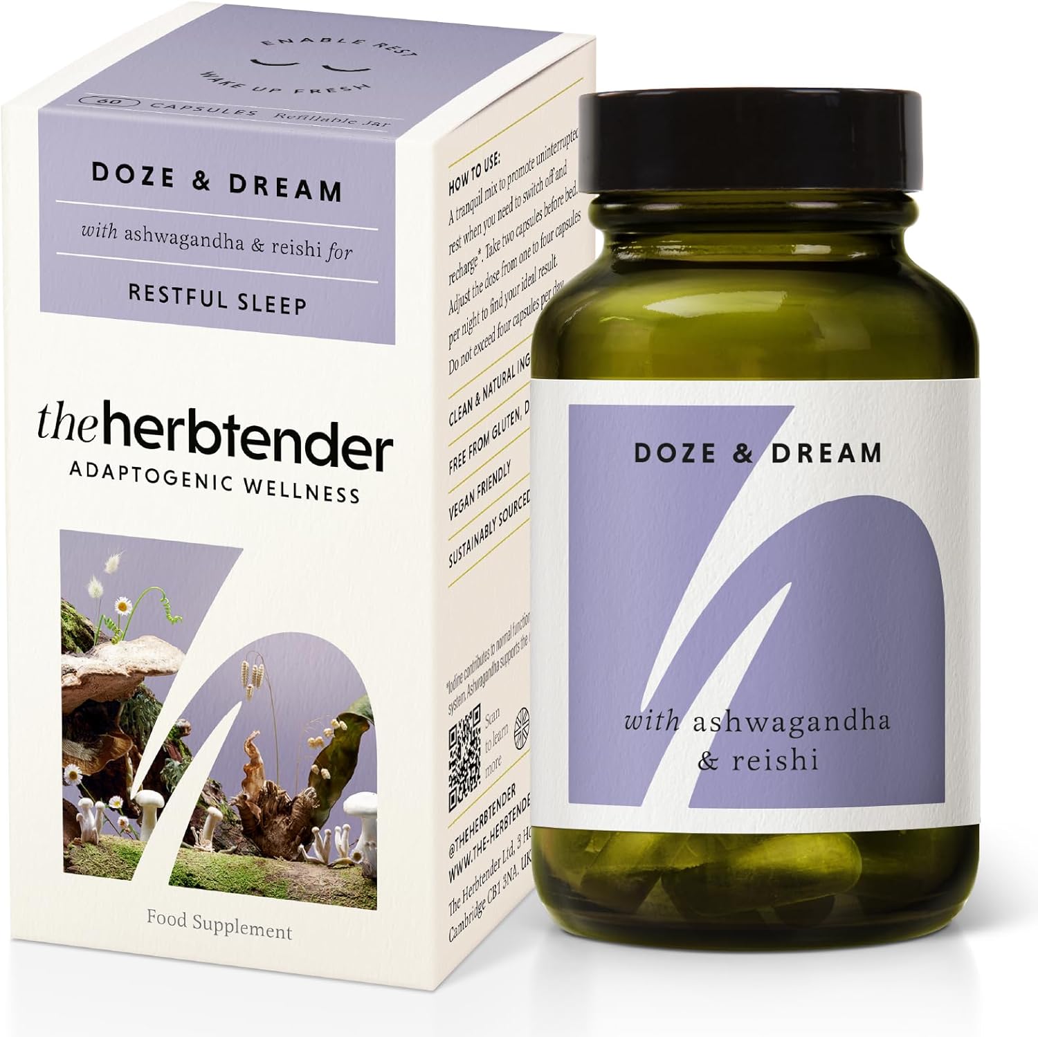 The Herbtender Doze & Dream – Natural Sleep Support Supplement With Reishi, Ashwagandha & Chamomile, Promotes Deep Rest & Relaxation, Vegan, Organic Ingredients, 60 Capsules