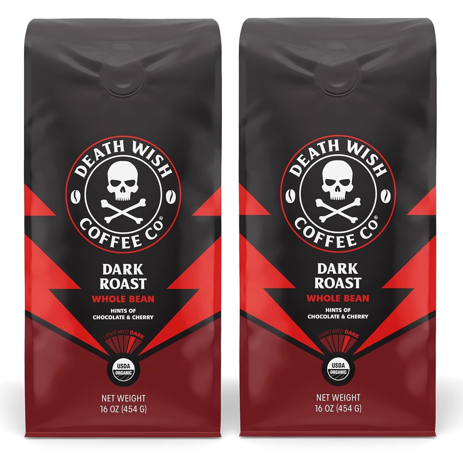 Death Wish Coffee Co. Whole Bean Dark Roast - Extra Kick Of Caffeine - Usa Organic Coffee Beans Bundle/Bulk - Fair Trade Arabica & Robusta Coffee - Real Dark Roast Coffee Beans 16 Ounce (Pack Of 2)