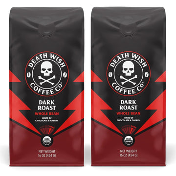 Death Wish Coffee Co. Whole Bean Dark Roast - Extra Kick Of Caffeine - Usa Organic Coffee Beans Bundle/Bulk - Fair Trade Arabica & Robusta Coffee - Real Dark Roast Coffee Beans 16 Ounce (Pack Of 2)