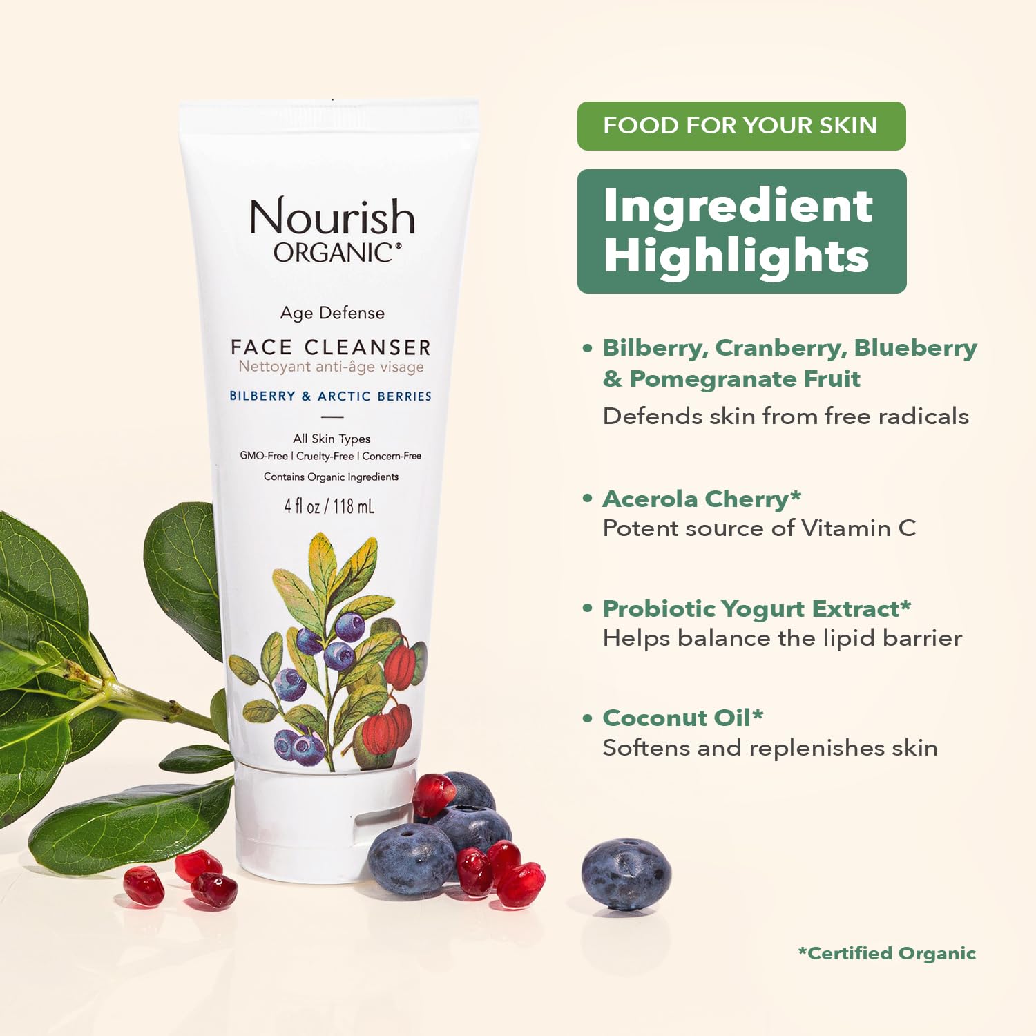 Nourish Organic Face Cleanser, Age Defense Bilberry & Arctic Berries – Anti-Aging Face Wash With Aloe Vera + Washable Cotton Round : Beauty & Personal Care