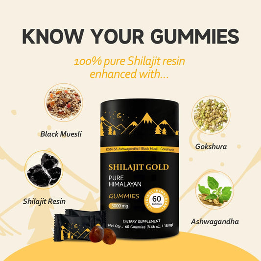 Shilajit Gummies | Pure Himalayan Shilajit Gummies Gold | Ashwagandha, Gokshura | Fulvic Acid & 85+ Trace Minerals For Men, Women | Non-Gmo | Lab Tested | No Added Sugar I 60 Gummy
