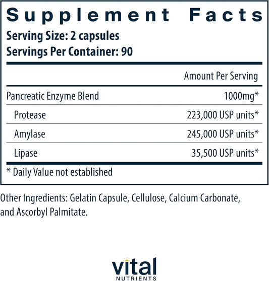 Vital Nutrients Pancreatic Enzymes 1000Mg (Full Strength) | Pancreatin Digestion Supplement With Protease, Amylase & Lipase | Digestive Enzymes | Gluten, Dairy, And Soy Free | 180 Capsules