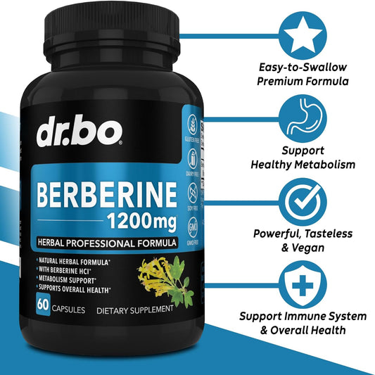 Berberine Supplement Capsules - 1200mg Berberine HCL Supplement for Healthy Metabolic Support - Premium Berberine HCL 600mg Per Capsule, Pure Berberine 1200mg Supplements for Women & Men - 60 Pills