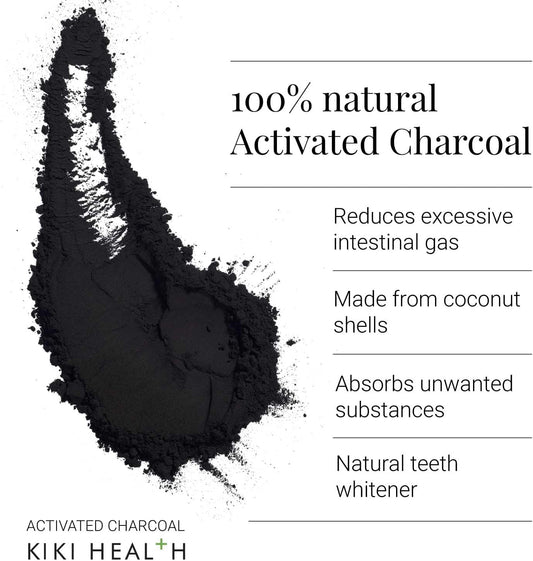 Kiki Health Activated Charcoal Powder | Teeth Whitening Made From Coconut Shells | Food Grade Detox Supplement | Natural Relief Flatulence Indigestion Body & Mind | Vegan & Gluten Free – 70G