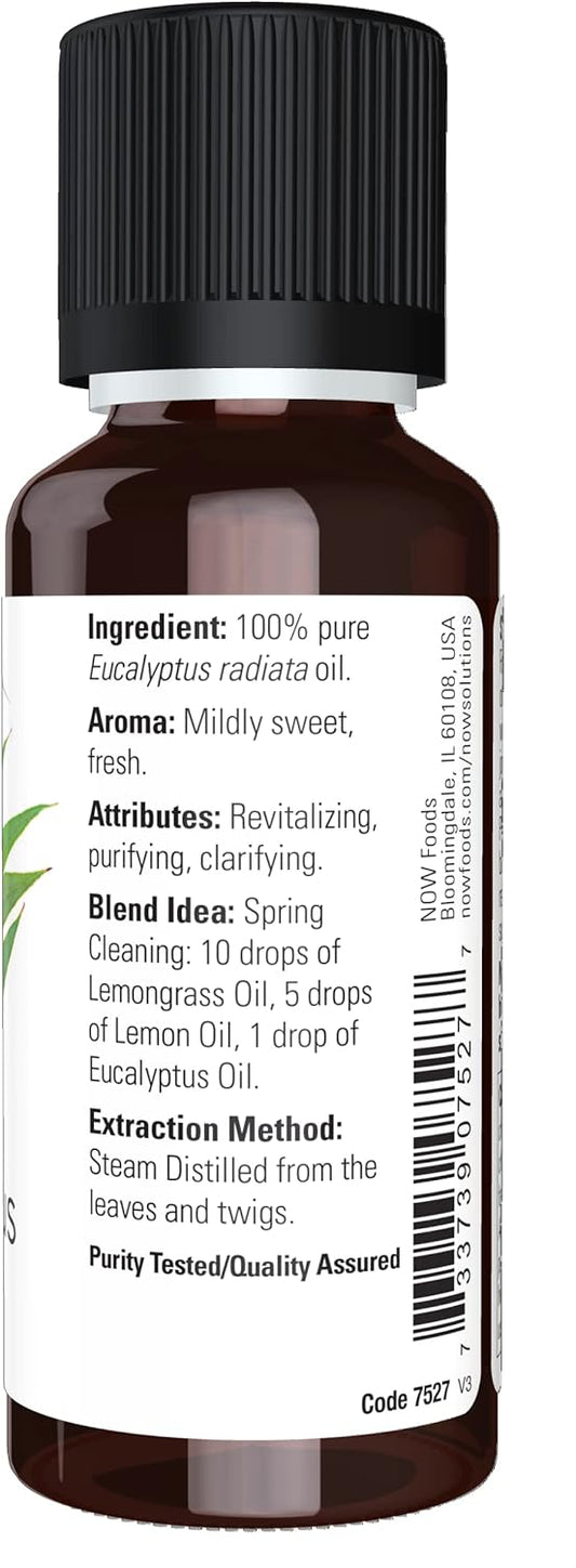 Now Essential Oils, Eucalyptus Radiata Oil, Revitilizing Aromatherapy Scent, Steam Distilled, 100% Pure, Vegan, Child Resistant Cap, 1-Ounce