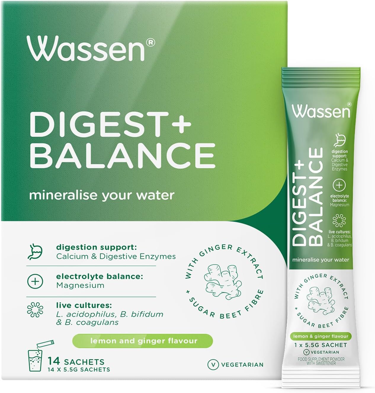 Wassen Digest + Balance Digestive Enzyme Supplements |14 Lemon & Ginger Sachets | Magnesium Powder Electrolyte Sachets | Calcium Helps With Normal Function Of Digestive Enzymes |Gut Health Supplements