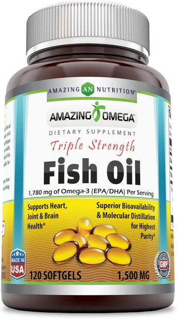 Amazing Omega Triple Strength Fish Oil-1,500 Mg, 120 Softgels (Non GMO,Gluten Free) -Supports Heart, Joint & Brain Health - Superior Bioavailability & Molecular Distillation for Highest Purity