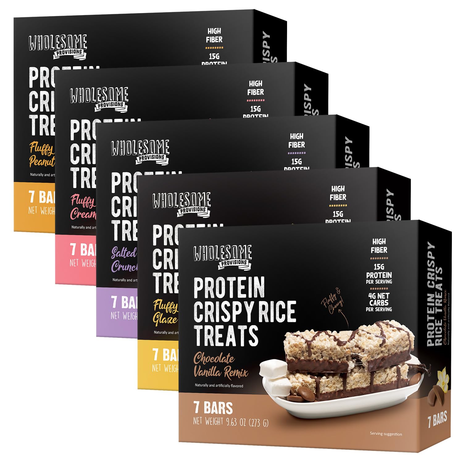 Protein Crispy Rice Treats, 15G Protein, 3G-7G Net Carbs, Low Carb, Fluffy, Soft, Chewy, Gluten Free, High Fiber, Keto-Friendly, No Aftertaste (Flavor Variety Bundle, 5 Pack)