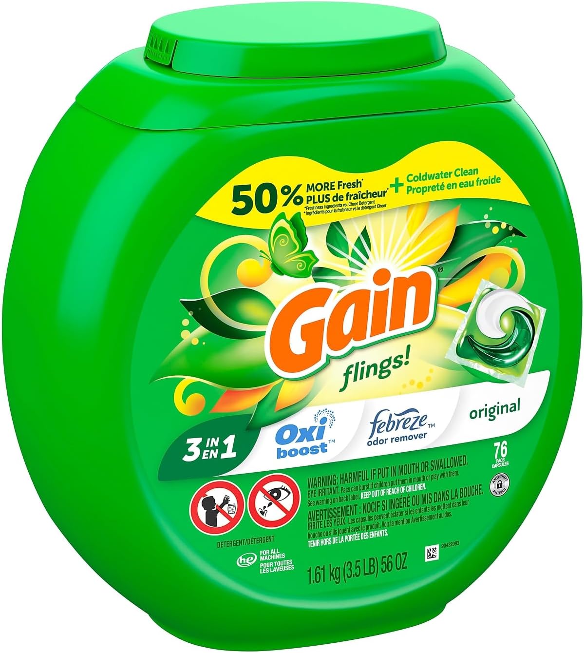 Gain Flings Laundry Detergent Soap Pacs He Compatible Long Lasting Scent, Original Scent, 76 Count