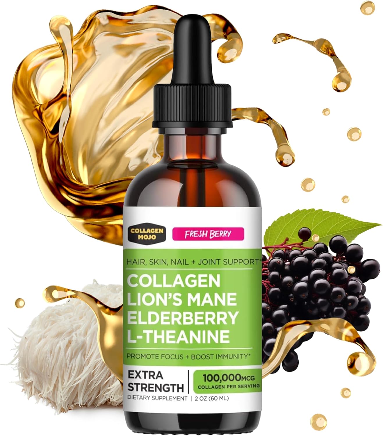 Collagen Mojo - Liquid Collagen For Women & Men, Collagen Peptides With Lion'S Mane Mushroom, Elderberry & L-Theanine - Hair, Skin, Nails, Joint Support, Focus, High Absorption - 100,000Mcg, 2 Oz