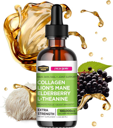 Collagen Mojo - Liquid Collagen For Women & Men, Collagen Peptides With Lion'S Mane Mushroom, Elderberry & L-Theanine - Hair, Skin, Nails, Joint Support, Focus, High Absorption - 100,000Mcg, 2 Oz