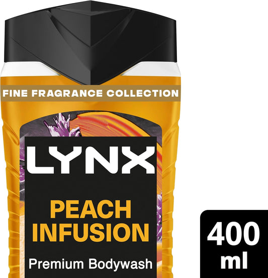 Lynx Fine Fragrance Collection Peach Infusion Premium Body Wash Body Cleanser Shower Gel With A Peach, Patchouli & Amber Scent For 12 Hours Of Freshness 400 Ml