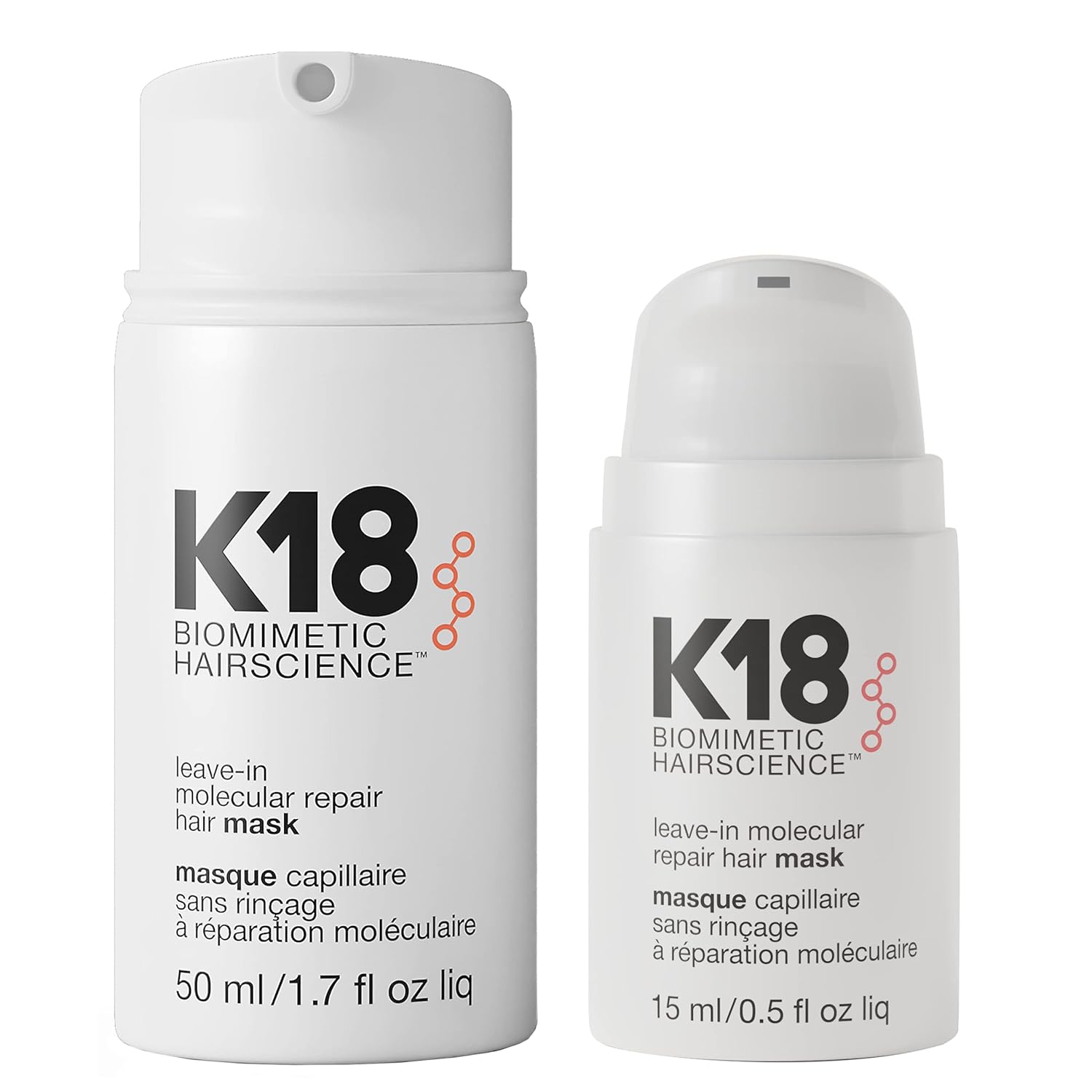 K18 Leave-In Repair Hair Mask, 4-Minute Speed Treatment, Renews Hair Damage From Color, Chemical Services Heat (1 of each 50ml & 15ml)