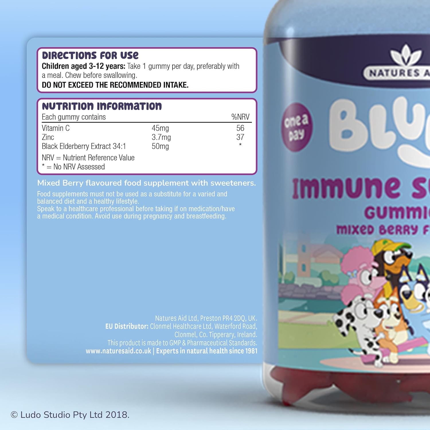 Bluey Kids Immune Support Gummies - Vitamin C, Zinc & Elderberry to Support Immunity and Immune System - Mixed Berry, No Added Sugar, Vegan, Gluten Free - 30 Gummys for Children Ages 3-12 : Amazon.co.uk: Health & Personal Care
