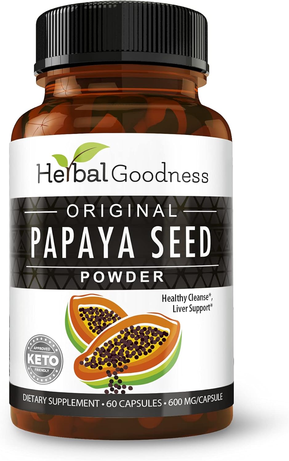 Herbal Goodness Papaya Seeds Capsules 60ct - Provides Health Support for Your Gut and Digestive System- 100% Natural Parasite Cleanse for Humans - Body Detox and Colon Broom Formula - 1 Pack