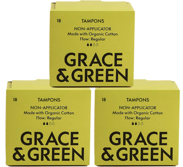 Grace & Green - Organic Tampons - Non-Applicator - Size: Regular - Made with Organic Cotton - Sustainable - 54x Regular Tampons