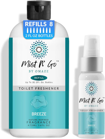 Mist N' Go by OMAZE Bathroom Odor Spray for Toilet Spray Refill Bottle - Multitasking Toilet Spray - Bathroom Spray Odor Eliminator for Strong Odors | Breeze, 16oz + 2oz