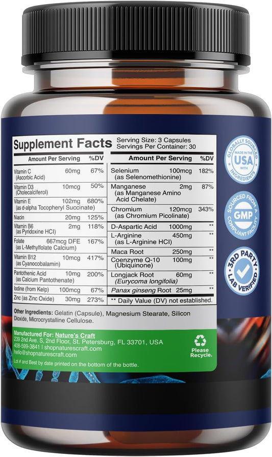 Prenatal Multivitamin for Male Fertility - with L-Arginine, D-Aspartic Acid, Maca Root for Enhanced Motility, Volume, Potency - 90 Capsules