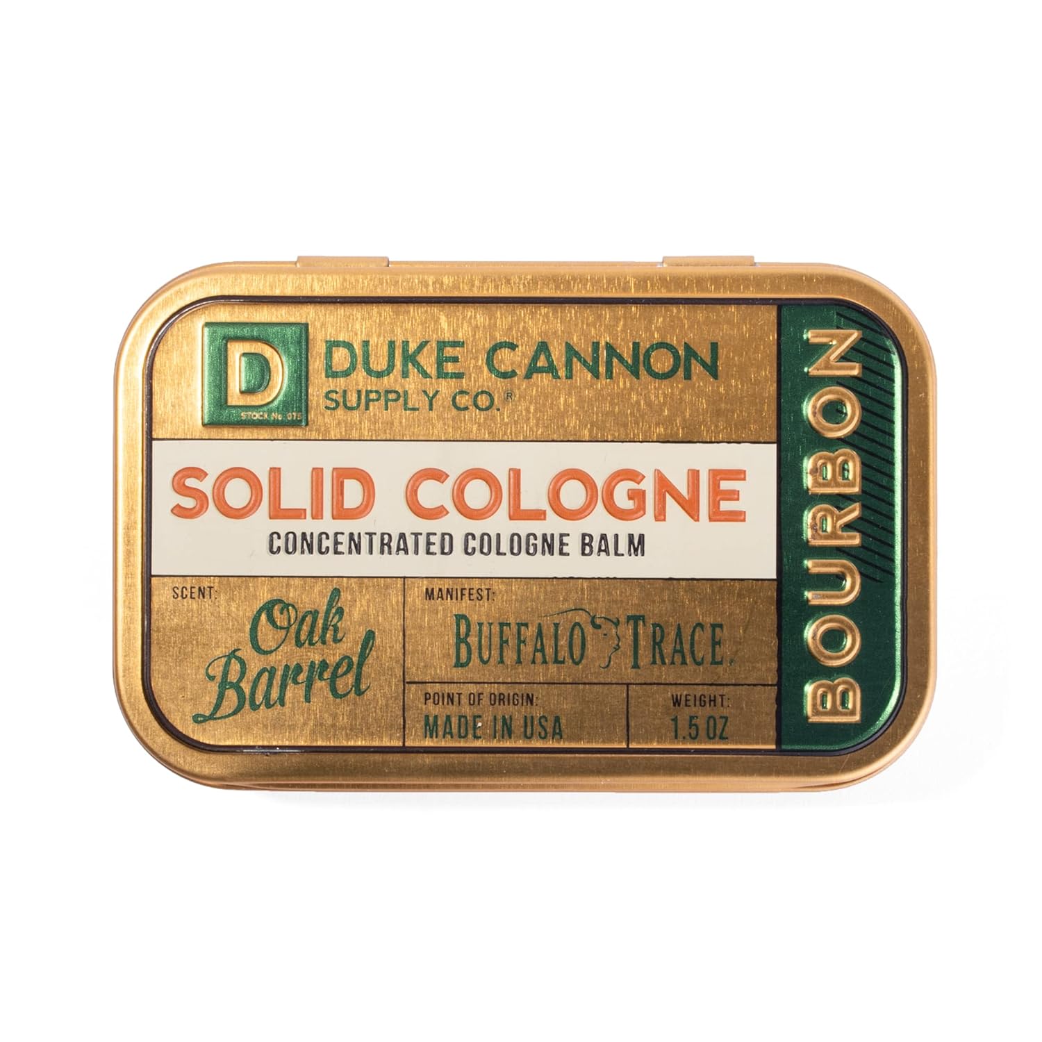 Duke Cannon Men'S Solid Cologne - Bourbon | Concentrated Cologne Balm | Made With Natural & Organic Ingredients | Woody Oak Barrel Scent | Travel-Friendly Tin | 1.5 Oz