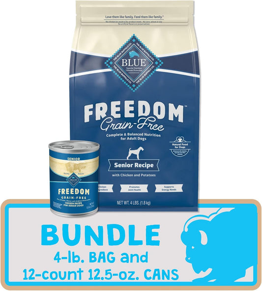 Blue Buffalo Freedom Natural Senior Grain Free Dog Food Bundle, Dry Dog Food And Wet Dog Food, Chicken (4-Lb Dry Food + 12.5Oz Cans 12Ct)