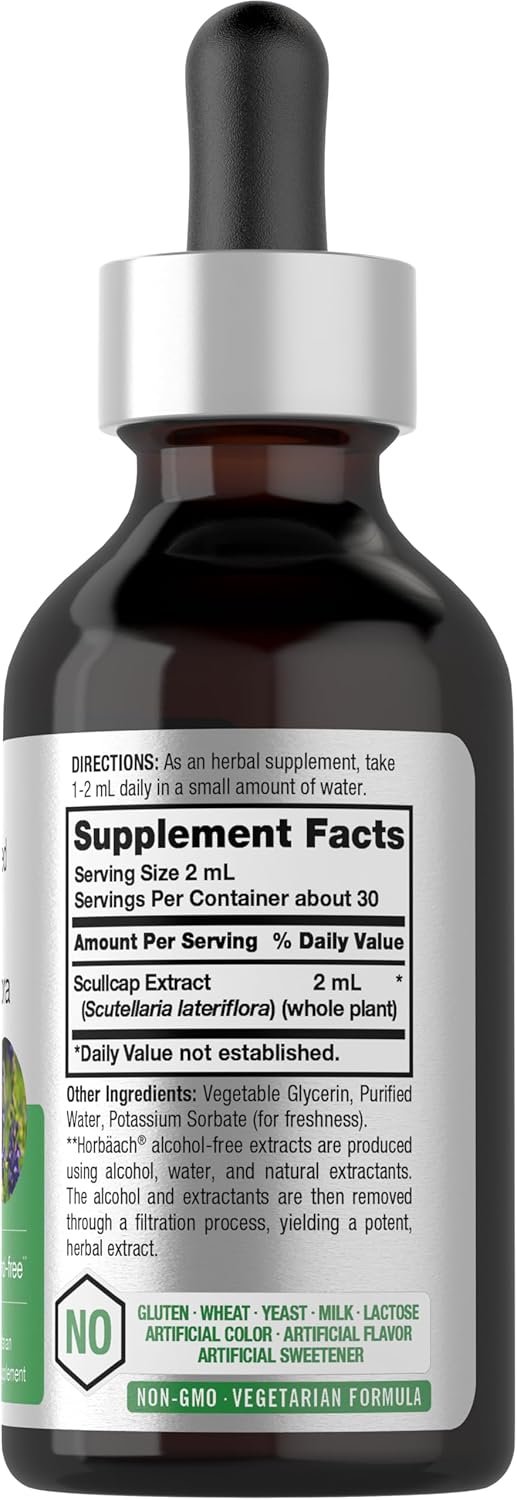 Horbäach Scullcap Herb Liquid Extract | 2 fl oz Tincture | Super Concentrated | Alcohol Free, Vegetarian, Non-GMO, Gluten Free Skullcap Supplement