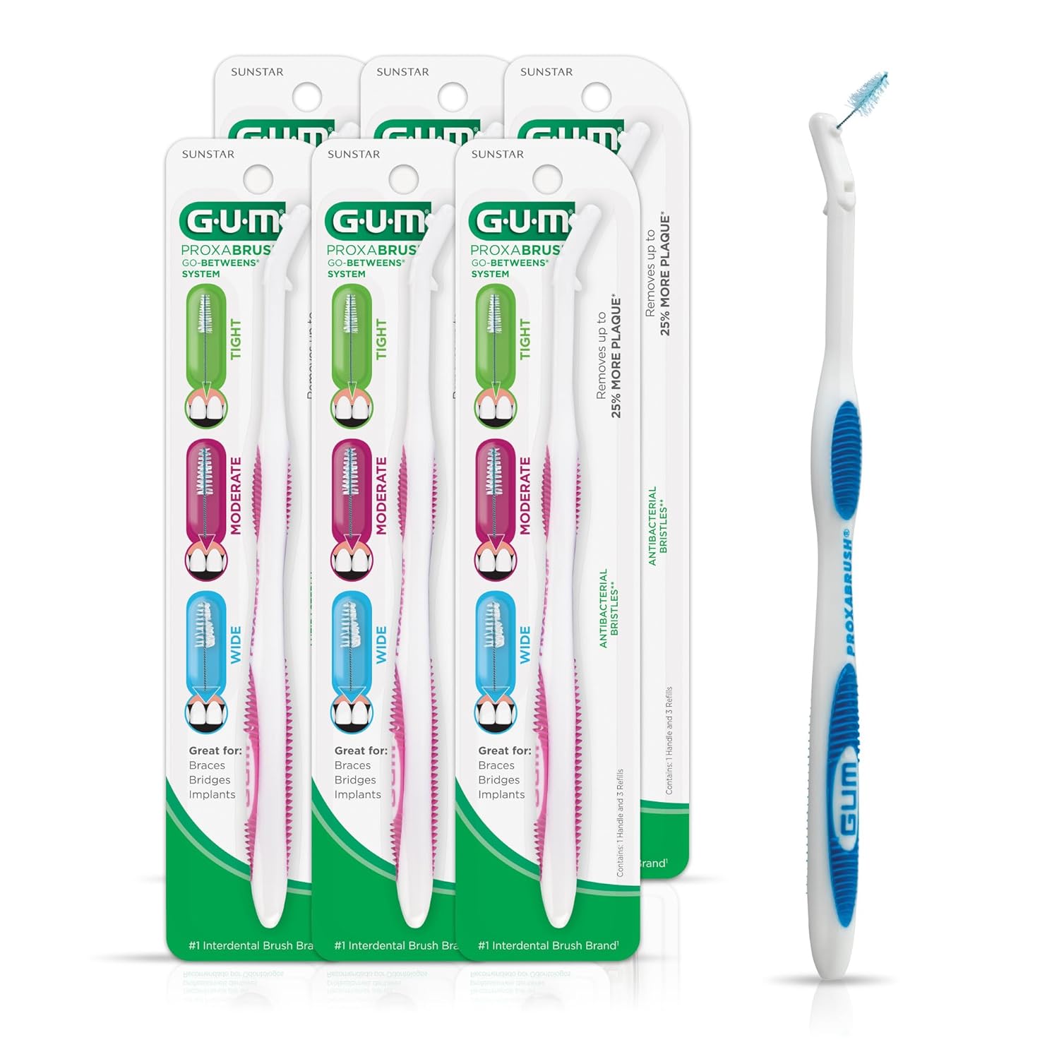 Gum Proxabrush Permanent Handle Refills - Compatible With Go-Betweens Interdental Brushes - Floss Picks For Teeth, Braces, And Implants (6Pk)