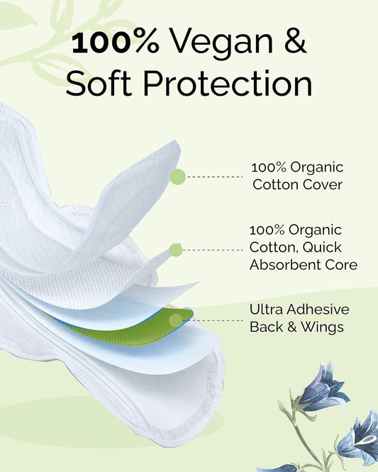 Premium Vegan Organic Sanitary Pads (Regular, 25cm, 64 Counts) - 100% Organic Cotton Cover, Core & Wings for Women. Unscented, Hypoallergenic, Ultra-Thin, Maximum Absorbency