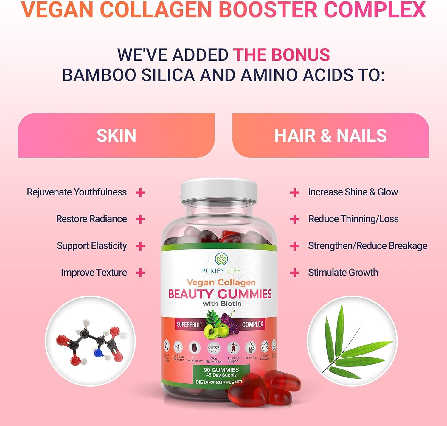 Purify Life Vegan Collagen Gummies with Biotin Vitamins for Hair Skin and Nails Health, (90 Chews) Collagen Support Superfruit Complex with Resveratrol, Vitamin A, E, C - Replace Capsules, Pills : Health & Household