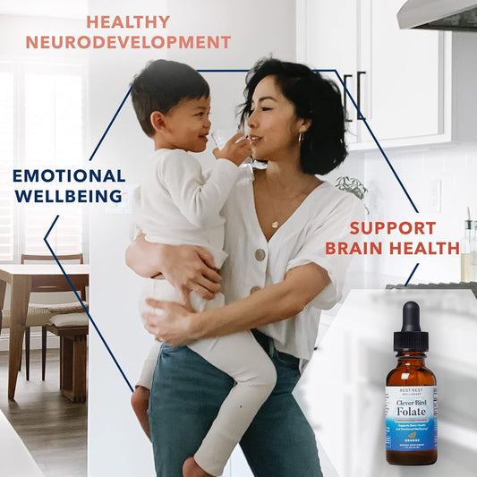 Best Nest Wellness Liquid Methyl Folate, 1700 mcg L-Methylfolate, Brain, Memory & Mood Support Vitamins, Clever Bird, Active Folic Acid, Vegan, Non-GMO, Gluten Free, Sweet Orange Flavor, 1 oz