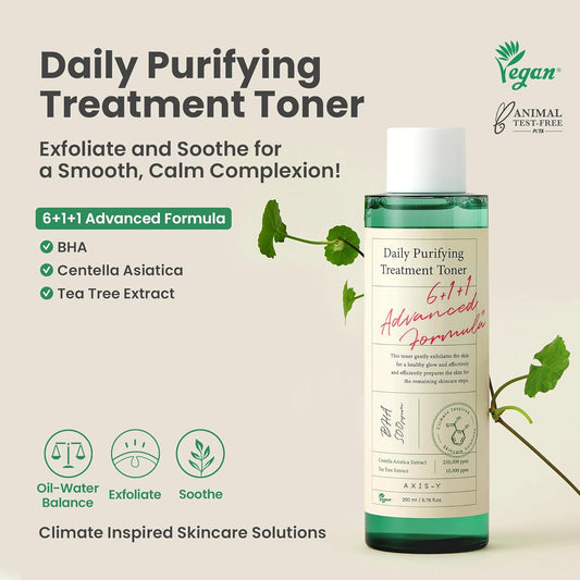 Axis-Y Daily Purifying Treatment Toner With Salicylic Acid & Centella Asiatica - Pore Minimizer, Oil Control & Blemish Treatment Face Exfoliator - Vegan Korean Skin Care Bha Toner - 6.76 Fl. Oz