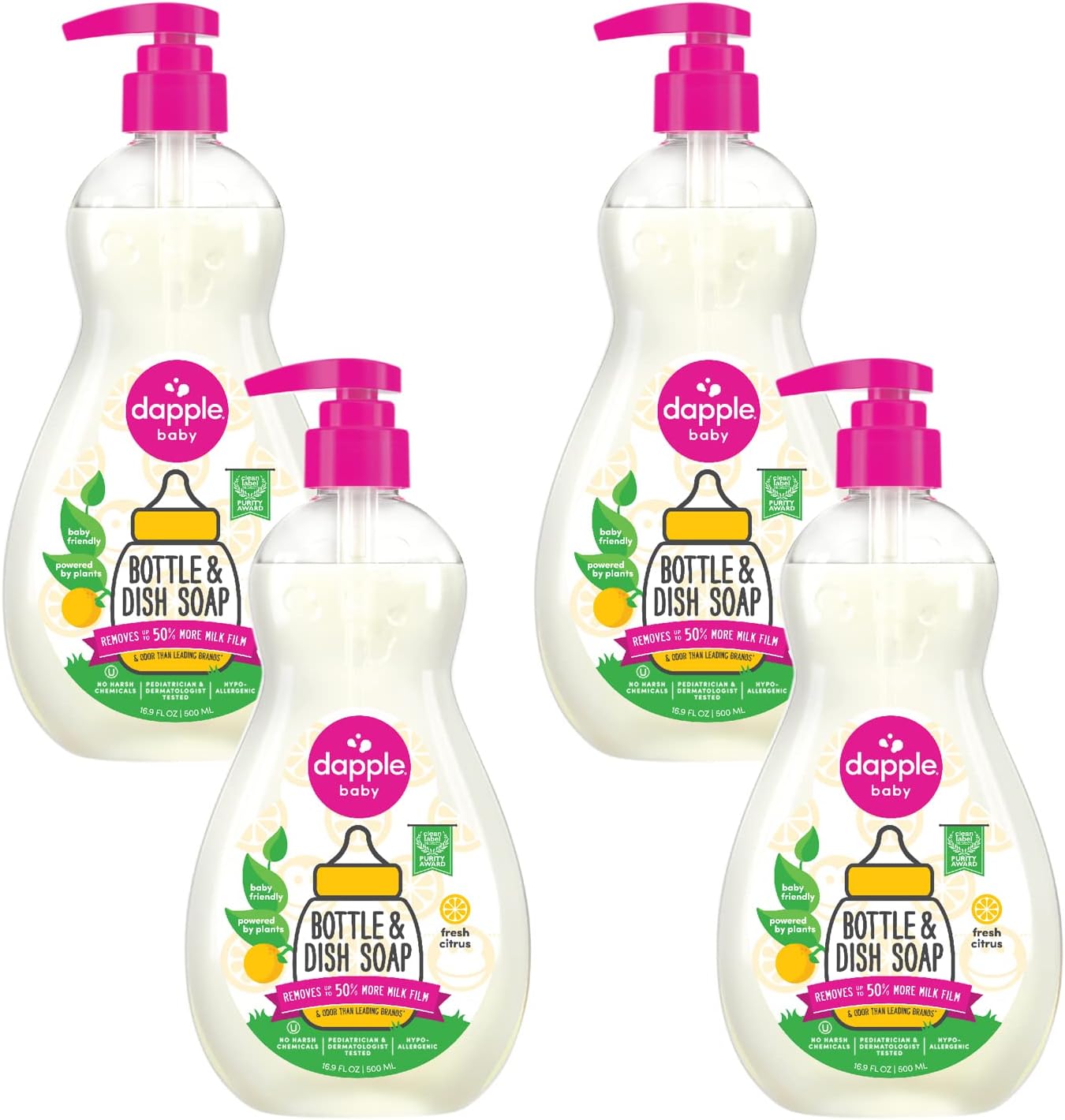 Dapple Bottle And Dish Soap Baby, Fresh Citrus, 16.9 Fl Oz (Pack Of 4) - Plant Based Dish Liquid For Dishes & Baby Bottles - Hypoallergenic Soap, Liquid Soap