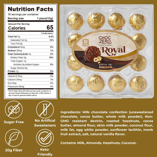 Choczero Royal Truffle 3-Pack - Premium Gluten Free Milk Chocolate - Zero Sugar Added Hazelnut Chocolate (48 Truffles Total, 25.5 Ounces)