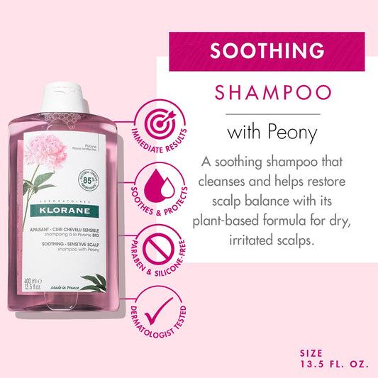 Klorane Shampoo with Peony, Soothing Relief for Dry Itchy Flaky Sensitive Scalp, pH Balanced, Provides Scalp Comfort