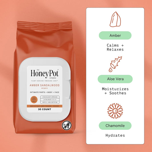 The Honey Pot Company - Feminine Wipes - Daily Ph Balancing, Sulfate Free Feminine Products For Intimate Parts, Body, Or Face. - Amber Sandalwood 30 Ct