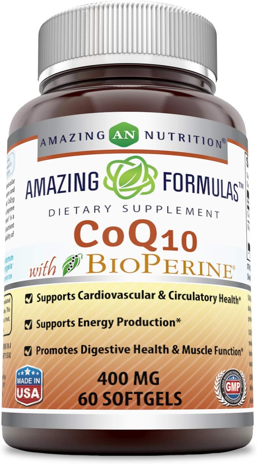 Amazing Formulas Coq10 With Bioperine - 60 Softgels (Non-Gmo) - Supports Cardiovascular & Circulatory Health - Supports Energy Production - Promotes Digestive Health & Muscle Function. (400 Mg)