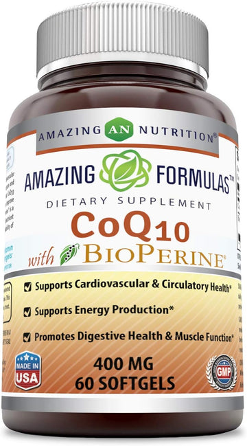 Amazing Formulas CoQ10 with Bioperine - 60 Softgels (Non-GMO) - Supports Cardiovascular & Circulatory Health - Supports Energy Production - Promotes Digestive Health & Muscle Function. (400 mg)