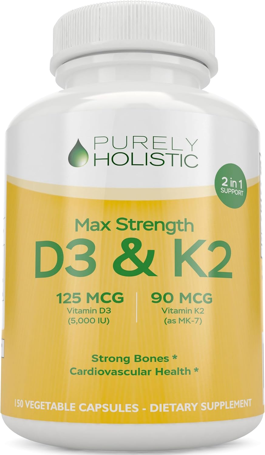 Purely Holistic Vitamin D3 125Mcg And Vitamin K2 90Mcg Mk7-4 Month Supply 150 Vegetarian Capsules - Vitamin D3 & K2 Menaqunione - High Strength Cholecalciferol Made In The Usa