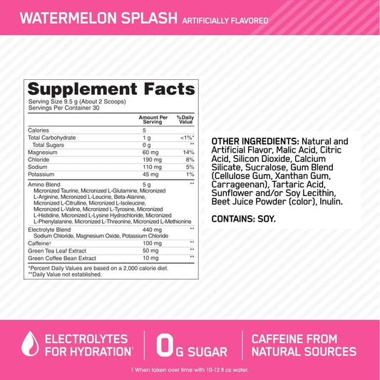 Optimum Nutrition Amino Energy Powder Plus Hydration, With Bcaa, Electrolytes, And Caffeine, Watermelon Splash, 30 Servings (Packaging May Vary)