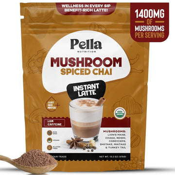 Spiced Chai Instant Latte with 7 Mushroom Blend - Organic, Vegan, Low Caffeine, Non-GMO - Reishi, Chaga, Lion's Mane, Turkey Tail - Mushroom Coffee Experience, 15 Servings