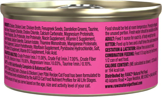 Rawz Natural Premium Pate Canned Cat Wet Food - Made With Real Meat Ingredients No Bpa Or Gums -3 Oz Cans (Case Pack Of 18) (Chicken)