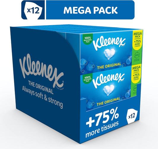 Kleenex® Original Tissues, Mega Pack – 1,344 Sheets (12 Boxes x 112 Sheets) - Always soft & strong for Everyday Use - Now 75% More Tissues in a box