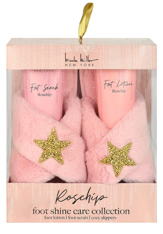 Nicole Miller Bath And Body Present Set Piece Foot Spa Set With Fuzzy Slippers, A Sponge, Foot Lotion, And Foot Scrub, Rosehip With Sparkle Star Slippers